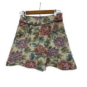 Free People Floral Tapestry A Line Mini Skirt Size 4 Black Trim Lined Pockets